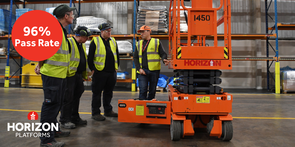 IPAF trainer at Horizon platforms showing 3 delegates how to use a scissor lift