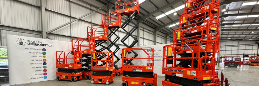 new and used scissor lifts with platform supermarket sign